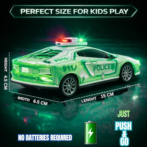 Image of Friction Powered Police Car Toy for Kids with Pull Back Action Super Speed Cop Vehicle with RGB Lights Music Siren Sound Birthday Gift for Boys Girls Toddlers [Green 1007]