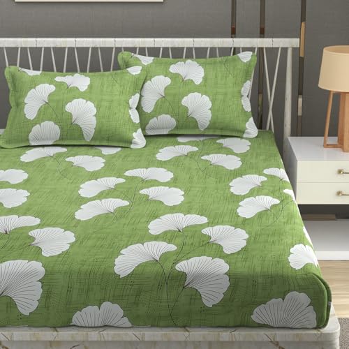 Image of Premium Heavy Cotton Elastic Fitted Bedsheets with 2 King Size Pillow Covers | Double Bed with All Around Elastic 350 TC | 72 x 78 x 10 Inch King Size Fitted | :- Green Jhaad