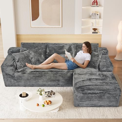 Image of 108 inch Boneless Cloud Sectional Couches for Living Room, Comfy Fluffy L Shaped Memory Foam Deep Seat Boneless Couch, Modular Sectional Sofa with Right Facing Chaise, Grey