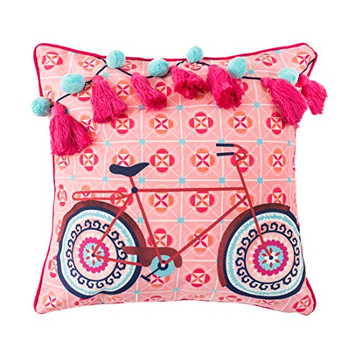 Image of Chumbak Cotton Boho Cycle Pom Pom Cushion Cover, 200 TC, 16 Inch Decorative Throw Pillow Cover, Pink Sofa Cushion for Living Room & Bedroom Decor