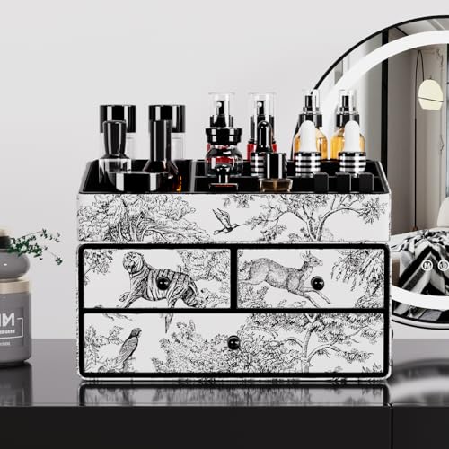 Miniatura 6 de Gorese Organizador De Maquillaje, 2 Pisos 3 Cajones Organizador De Cosméticos De Piel Almacenaje Maquillaje Organizadores De Escritorio Para Dormitorio, Baño, Tocador Negro Vintage