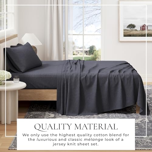 Image of Great Bay Home Cotton Jersey Knit Queen Sheet Set - Ultra-Soft, Stretchy, Heathered Melange Bed Sheets - Cozy, Soft T-Shirt Sheet & Pillowcase Set (Navy)