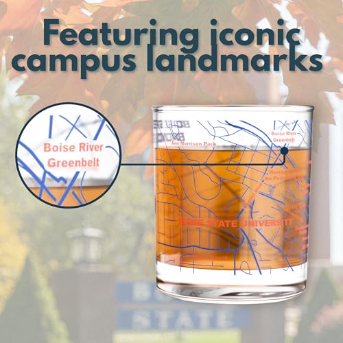 Image of Greenline Goods - Boise State University Broncos College Whiskey Glasses (Set of 2), 10 oz - Full-Color Logo + Campus Map