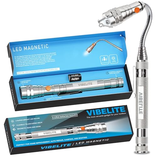 VIBELITE Extendable Magnetic Flashlight with Telescoping Magnet Pickup Tool-Cool Gadget Birthday for Men, Dad, Husband, Him, Father, Mechanic,Tech, Handyman, Boyfriend, Women, Silve