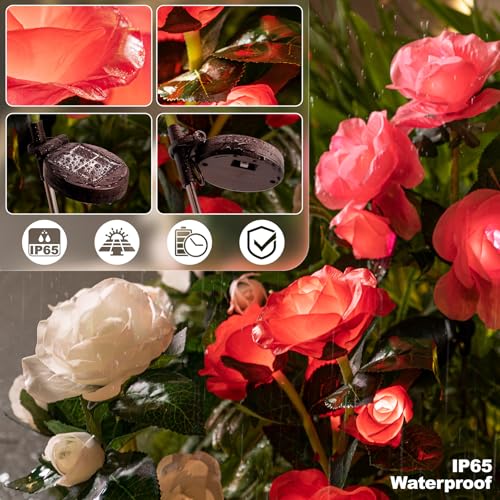 Image of Anordsem Solar Garden Lights Outdoor: Waterproof Fabric Roses - Red LED Flower Decorations for Yard Patio Path Cemetery Grave - Birthday Gifts for Women Mom Wife - 6 Pack Pink