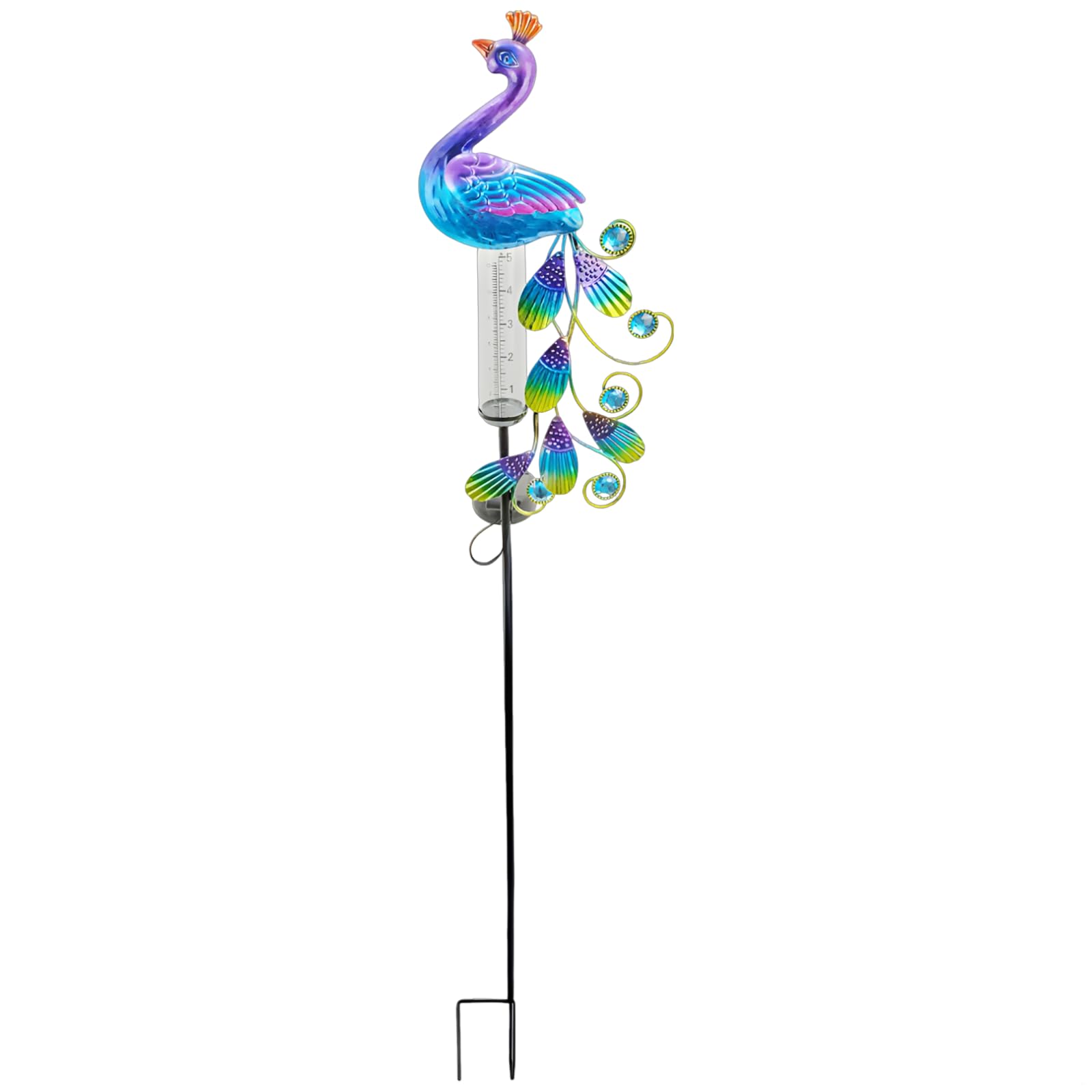 Pluviomètre en métal avec piquet de jardin en forme de paon - Lampe solaire de 101,6 cm avec accents de bijoux pour décoration artistique de cour