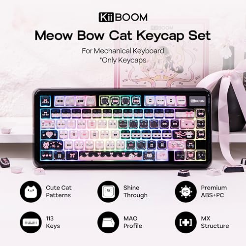 Image of KiiBOOM Cute Cat Keycaps Set, Mao Profile, Cat Shape | PC+ABS Keycap for MX Switch Mechanical Keyboard, Compatible with 60%, 65%, 75%, TKL, 96%, Full-Sized Layout (Meow Bow)