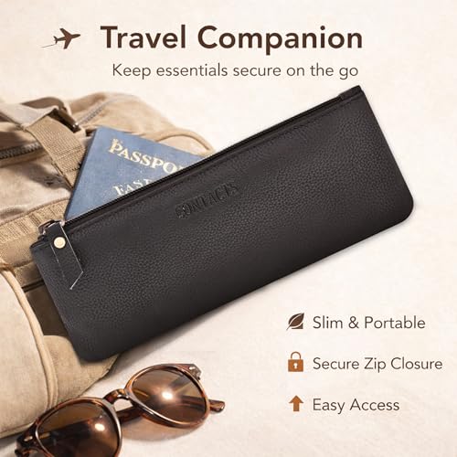Image of CONTACTS Genuine Leather Small Pouch Multipurpose Utility Bag Zipper Pencil Pouches Holder Aesthetic for Adults Men Women Boys Coin Purse Money I Pen I Key I Tool Jewelry Bag - Black