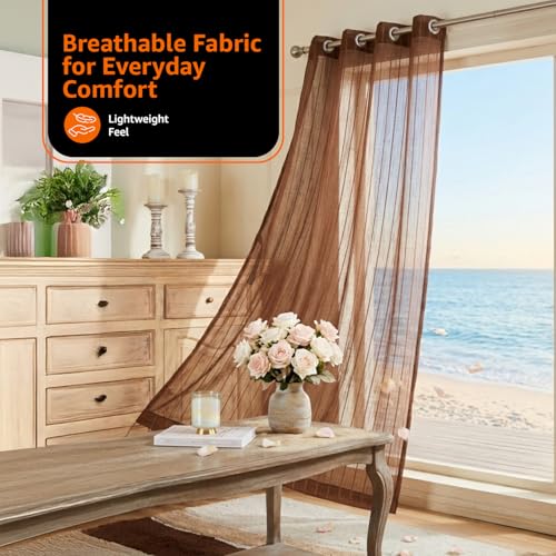 Image of Amazon Basics - Stripe Textured Sheer Door Curtains | Light Filtering | 7 Feet | Set of 2 | Striped Design | for Living Room, Bedroom & Balcony | 210cm x 115cm, Color - Coffee