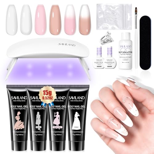 SAVILAND Poly Gel Nail Kit Starter: 4 Colors Natural Clear Poly Nail Gel with U V Lamp Slip Solution Quick Dry Nourish Nails 28 Days Durable DIY Salon Home Use