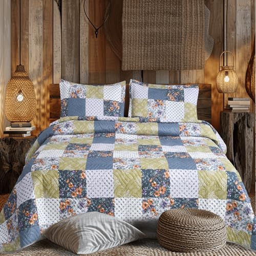 Hadi London Lot de 3 couvre-lits matelassés en patchwork avec 2 taies d'oreiller | Imprimé floral réversible | Couette légère et confortable | Pour lits...