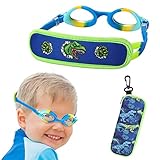 Óculos de natação infantis, óculos de criança/estojo, óculos infantis com alça de tecido – sem dor, sem emaranhamento, (azul/dinossauro)