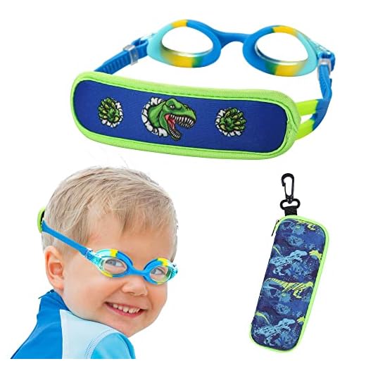 Óculos de natação infantis, óculos de criança/estojo, óculos infantis com alça de tecido – sem dor, sem emaranhamento, (azul/dinossauro)