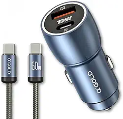 Carregador Veicular Turbo 60W Duas Portas Para Automóvel Carregador de Carro Duas Entradas com Carregamento Super Rápido + Cabo USB-C Premium