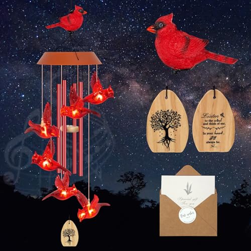 Solar Wind Chimes for Outside Memorial Cardinal Wind Chimes 35 LED Windchimes Outdoors Christmas Birthday Cardinal Gifts for Women Mom Grandma Home Garden Decor