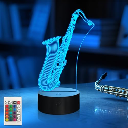 CoolGift Mart Saxophone Night Light, 3D LED Optical Illusion Lamp with Remote Control and Timer, Gifts for Saxophone Enthusiasts Music Lovers
