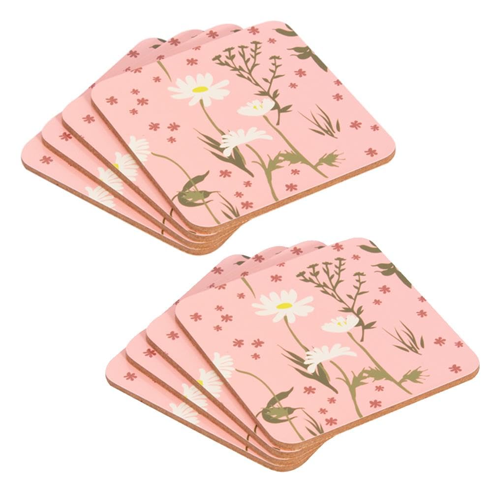 YöL Set of 8 Pink Floral Drinks Coasters Tea Coffee Table Protection Cork Backing Surface Protectors Non-Slip