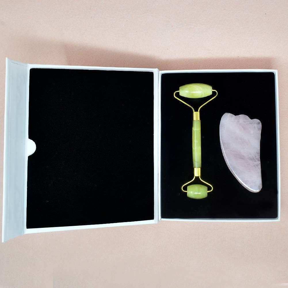 fengshuisale Jade Double-Head Roller Massager Natural Pink Opal Stone Slimming Face Neck Anti-wrinkle Massager Skincare Tool with GuaSha tool with a gift box W3915