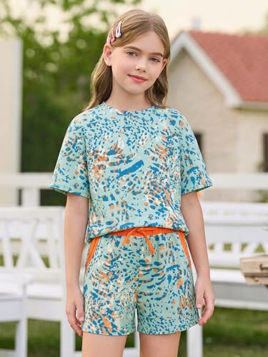 Image of Haloumoning Girls Summer 2 Piece Outfits Kids Oversized T Shirts and Shorts Clothing Sets 5-14 Years