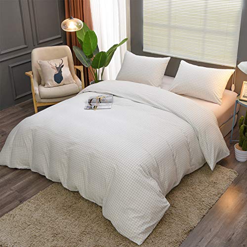 Ufriday Plaid Duvet Cover Sets Queen White, 100% Washed Cotton Buffalo Check Geometric Pattern Printed Bedding Sets 3 Piece With Corner Ties And Zipper Closure(90 X 90 Inches) #TOP27