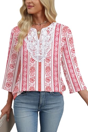 Image of WIHOLL 3 /4 Length Sleeve Womens Tops Boho V Neck Lace Shirt Trendy Blouses Dressy Casual Vacation Clothes S-3XL