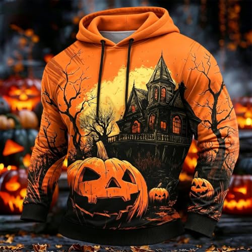 Hoodies for Men Halloween Spooky Castle Pumpkin Print Hoodie Casual Long Sleeve Y2k Pullover Sweatshirt Holiday 2026 Orange - image 2