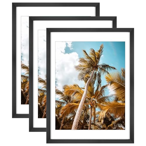 Image of Frametory, 18x24 Picture Frame with Mat for 16x20 Picture - High Definition Glass Wide Molding - Preinstalled Wall Mounting Hardware (Black, 3 Pack)