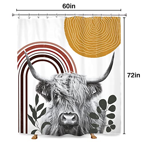 Svbright Highland Cow Shower Curtain 60Wx72L Inch Abstract Mid Century Bull Funny Animal Western Cattle Country Farmhouse Leaf Aesthetic Modern Geometric 12 Pack Hooks Fabric Bathroom Bathtub Panels #TOP3