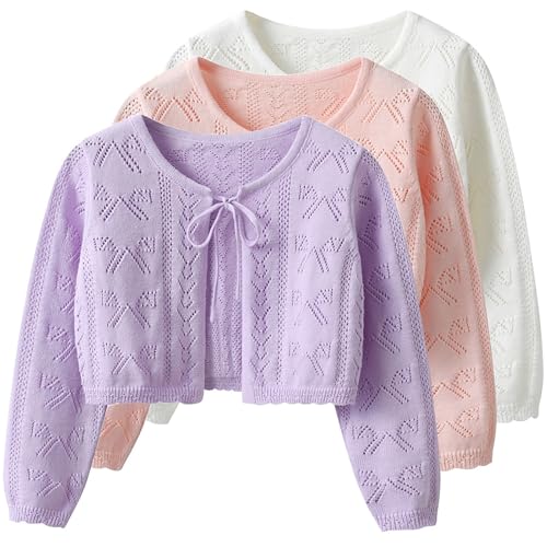 Open Front Cardigan Crop Tops Kids Girls Tie Front Bow Crewneck Knit Sweater Long Sleeve Crochet Lightweight Coat
