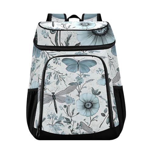 Dragonfly Blue Flower Cooler Backpack Cooler Insulated Leak Proof Lunch Backpack 36 Cans Waterproof Soft for Men Women Picnic Hiking Camping Beach