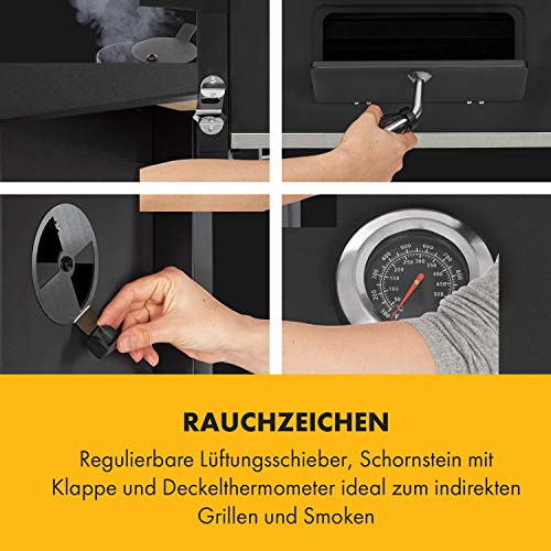 Klarstein Meat Machine - Holzkohlegril, BBQ-Grill, Smoker, Grillfläche: 45 x 32,5 cm, HeightAdjust System, inkl. Lüftungsschieber und Schornstein, integriertes Thermometer, schwarz – Bild 6