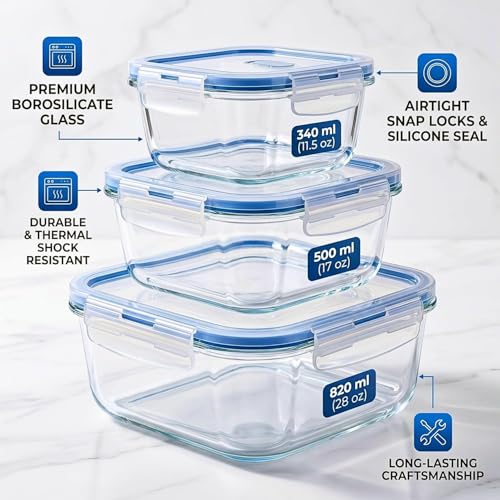 Image of ALTITUDE Borosilicate Glass Food Storage Containers Set of 3 with Airtight Locking Lids, 340ml 500ml 820ml, Insulated Lunch Bag & 120ml Glass Jar, Microwave Oven Freezer Safe