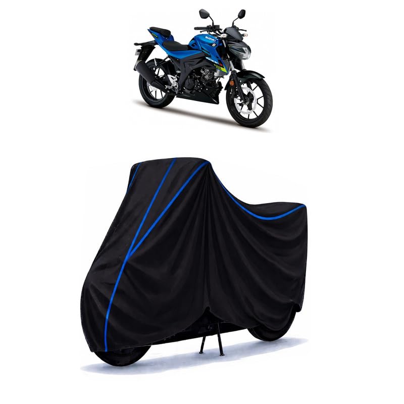 Image of Suzuki GSX 125 Bike Cover Water Resistant Universal Motorcycle Rain | Heavy Duty UV Protection, Dust, Scratch Indoor Outdoor All Weather with Black Blue Piping Elastic