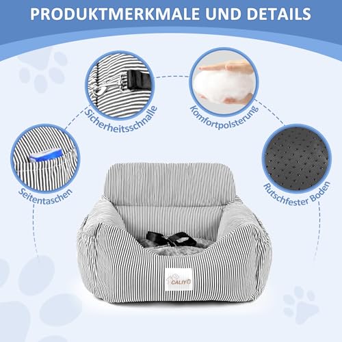 CALIYO Hundeautositz mit Stabiler Basis & Sicherheitsgurt | Hundesitz Auto für Kleine bis 10 kg | Memory Foam-Sitzauflage | Wasserdichter, Abwaschbarer Hundekorb mit Aufbewahrungstasche (Schwarz/Weiß)