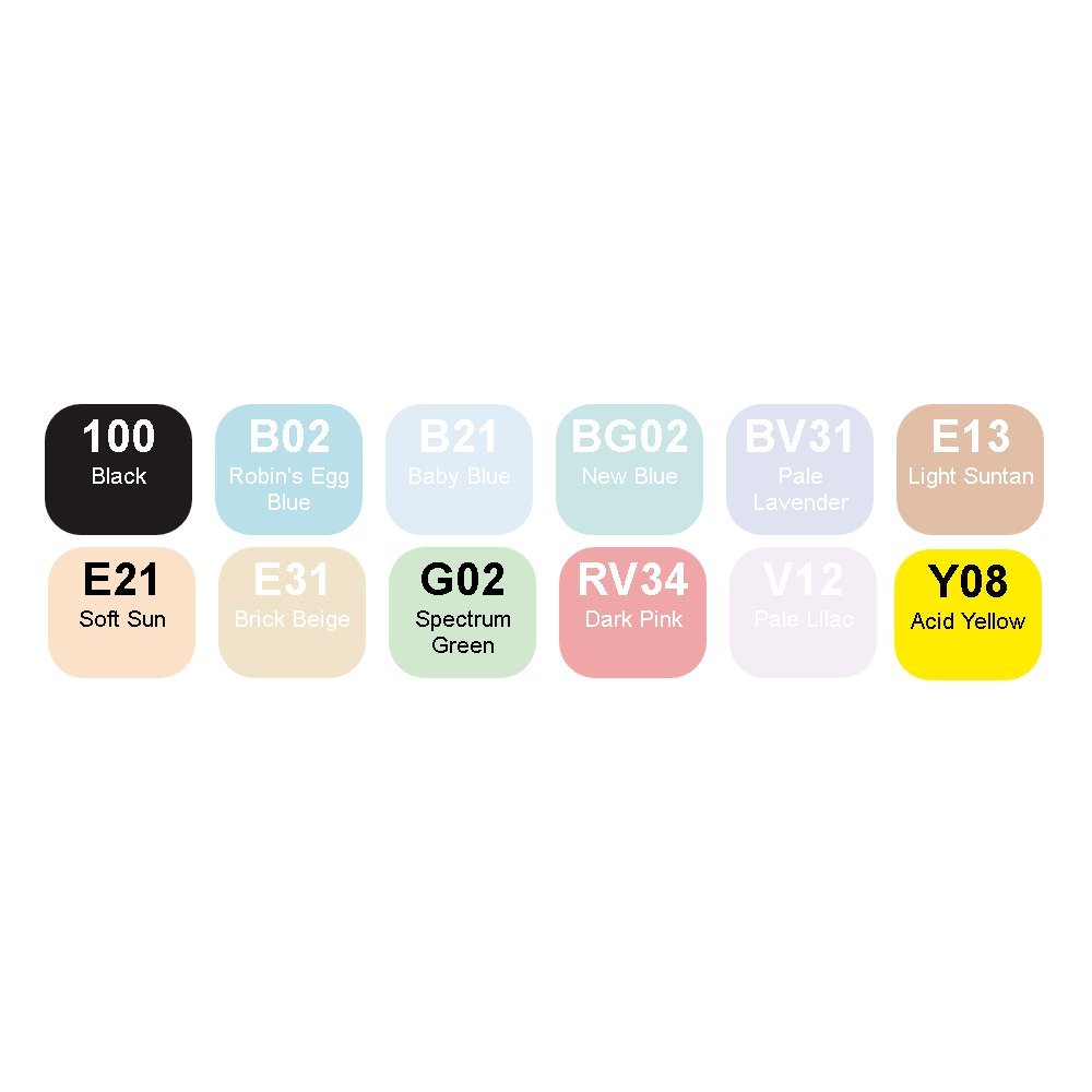 COPIC Classic Set "Pastell-Farben", 12er Set im Acryl-Display, Twin Marker mit einer mittelbreiten und einer feinen Spitze
