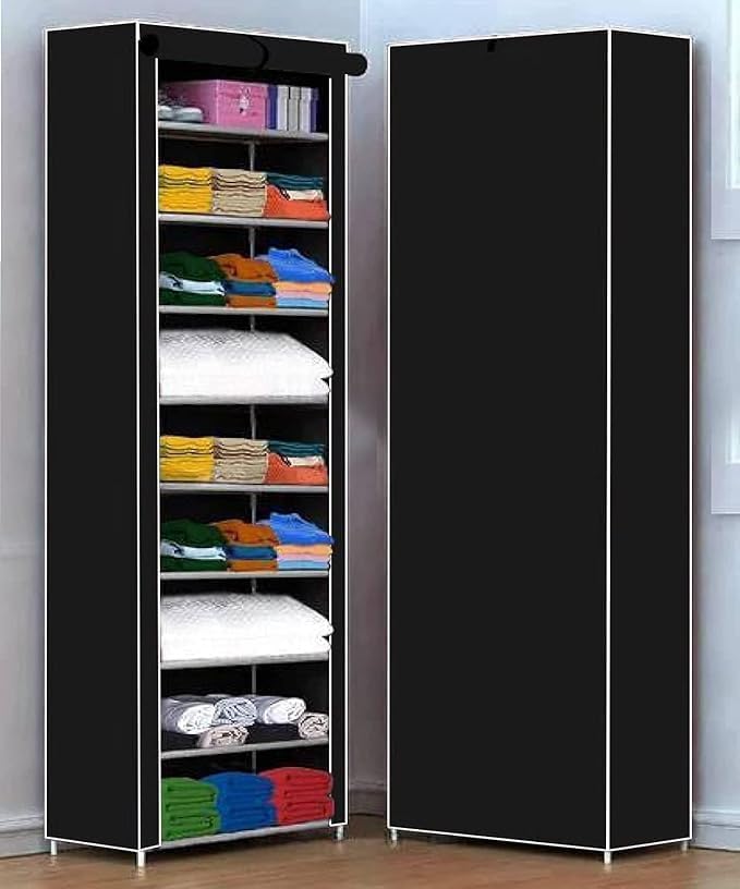 Image of AWTATOS Multipurpose Collapsible Wardrobe Cabinet | Foldable Fabric Organizer with 6-9 Shelves | Portable Clothes Storage Rack for Bedroom, Home & Office (Black, 9 Layer)