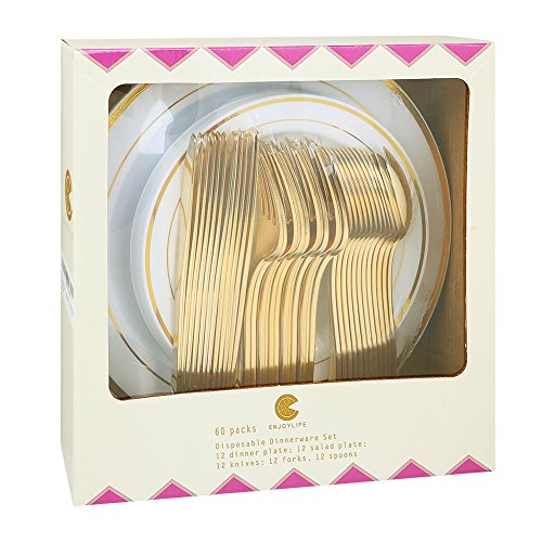 60 Pieces Plastic Gold Plates with Gold Plastic Silverware,Party Plastic Plates with Gold