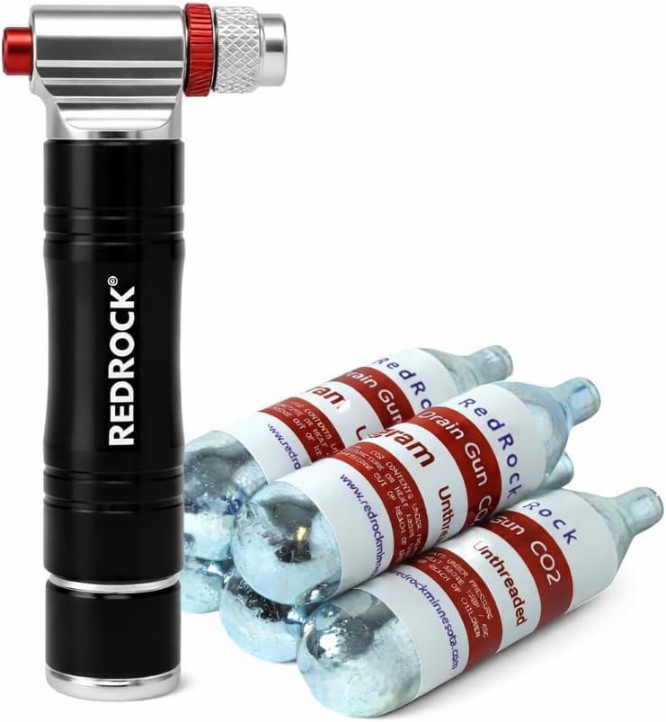 RedRock CO₂ Bike Tire Inflator Kit with 5×16g/20g Unthreaded Cartridges – Quick & Easy Portable Bicycle Pump for Road & Mountain Bikes, Presta & Schrader Valve Compatible