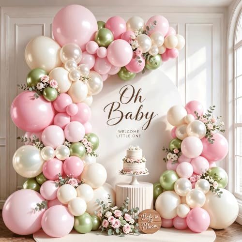 Zesliwy Pink Pearl White Ivory Lime Green Balloon Arch Kit, Double Stuffed