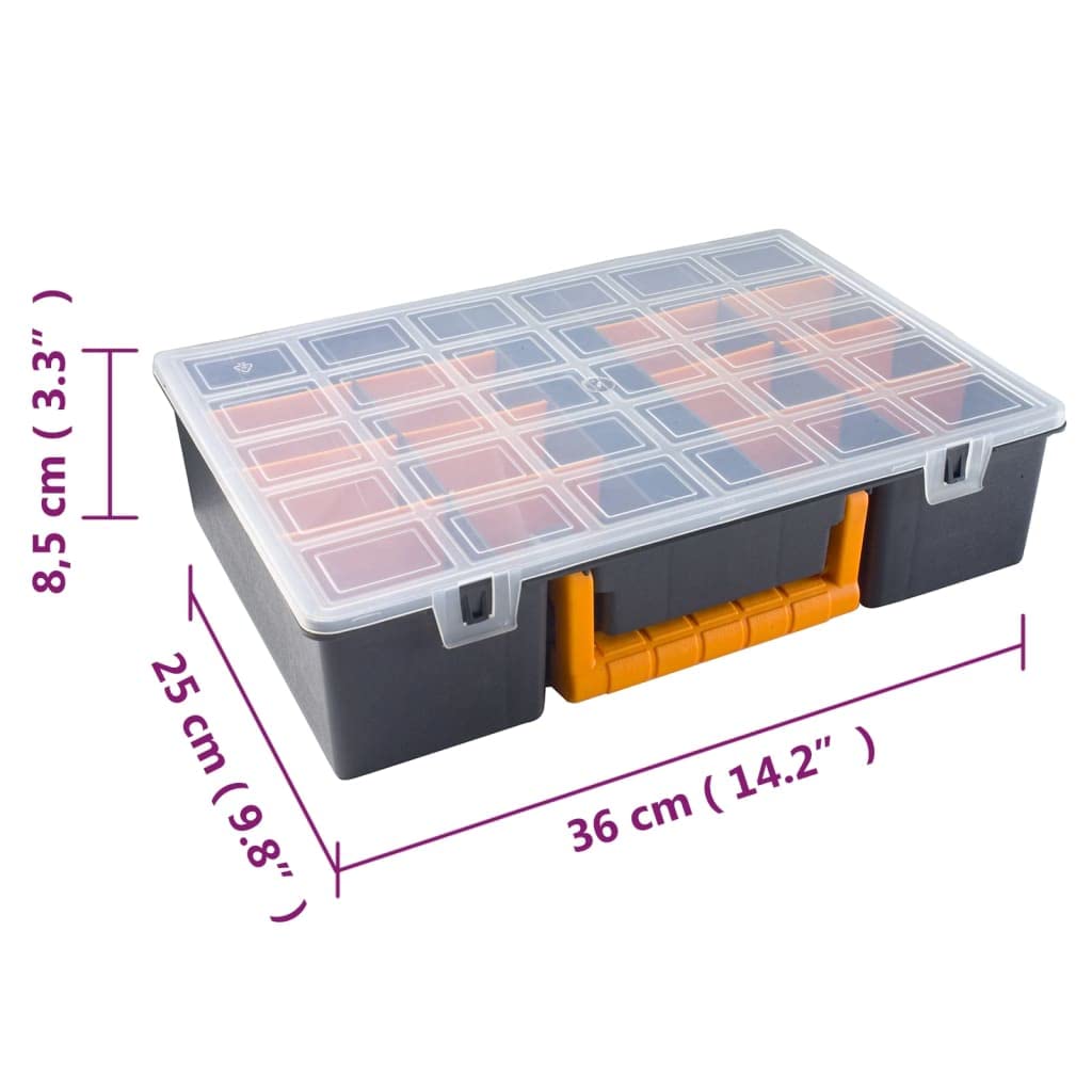 Juego de 2 maletas de polipropileno con divisores extraíbles, 360 x 250 x 85 mm, tapa transparente, caja de herramientas organizador para tornillos y clavos, 17 compartimentos