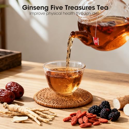 Ginseng Five Treasure Kidney Tea, Natural Cleanse Tea with 5 Precious Ingredients, Kidney Cleanse Detox & Repair for Men & Women, Chinese Herbal Tea Bags(10g x25pcs)