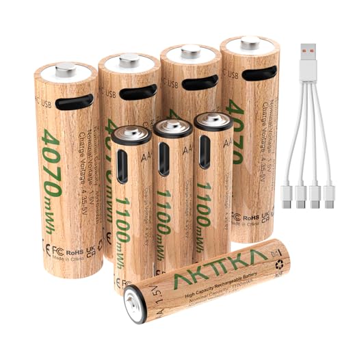 AKTTKA Pilas Recargables AA y AAA de Litio 1,5 V, 4× AA 4070 mWh + 4× AAA 1100 mWh, Carga Directa USB-C con Cable 1-a-4, para Mando, Báscula, Termómetro, Controlador