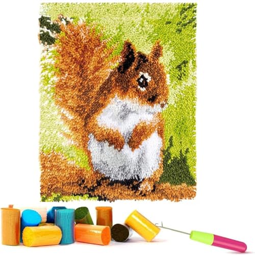 Image of EMISTEM DIY Latch Hook Rug Kits, Gift Packaging Crochet Tapestry Yarn Kits, Pre-Printed Canvas, Needlework Unfinished Crocheting Mat Yarn Embroidery Carpet Set, (Cute Squirrel,20x15)