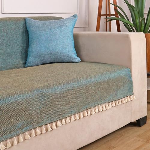 Image of STITCHNEST Jute Sofa Cover - Silk Brown, 24x60 Inch | Soft Textured Fabric with Tassel| Full Coverage Sofa for Living Room Decor