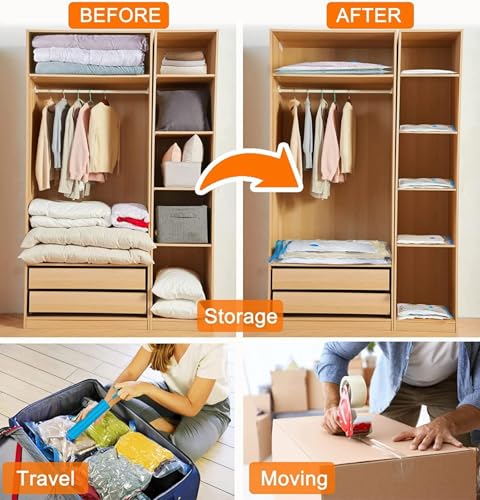 MOMENT 5 Pack Vacuum Compression Clothing Storage Bags with Hand Suction Pump (1 Jumbo, 2 Large, 2 Medium), Space Saver Bag Reusable Plastic Sealer Bags for Clothes, Blanket, Pillows,Travel