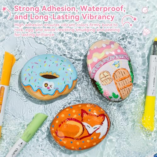 Ohuhu Acrylstifte mit Automatische Tinte, 24 Farben, doppelte Spitzen(Pinsel und Rundspitze) hohe Deckkraft Wasserfest lichtecht Acrylic Marker für Steine Bemalen Ostereier Holz Glas Keramik Leinwand