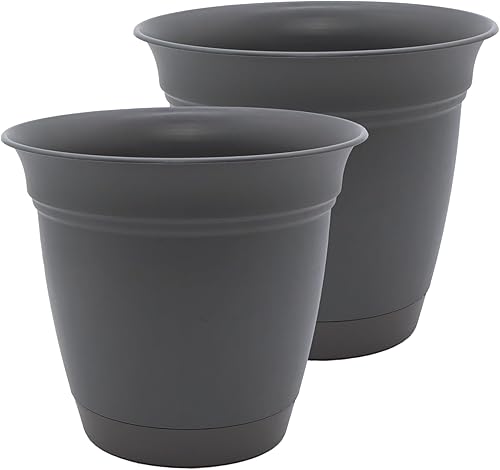 The HC Companies 16 Inch Eclipse Round Planter Pots with Drainage Holes & Attached Saucer, Lightweight UV-Resistant Plastic Indoor & Outdoor Planters, 2-Pack Flower Pots, Garden Home Decor, Warm Gray