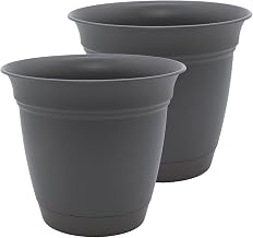 The HC Companies 16 Inch Eclipse Round Planter Pots with Drainage Holes & Attached Saucer, Lightweight UV-Resistant Plastic Outdoor Planters, 2-Pack Flower Pots for Garden & Home Decor, Warm Gray