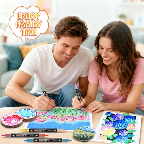 NICETY 144 Farben Acrylstifte für Steine wasserfest - 72 Stück Doppelspitze Acrylmarker Set für Steinmalerei, Holz, Glas, Keramik - Zweifarbige Wasserbasis Acrylic Marker mit Pinselspitze
