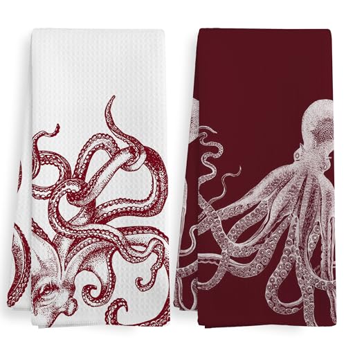 XNXLDYLH Coastal Red Octopus Beach Decor Dish Hand Tea Towels for Bathroom Kitchen, Octopus Ocean Nautical Beachy Bathroom Decor, Coastal Nautical Kitchen Towels and Dishcloths Sets of 2, 16x24 Inches